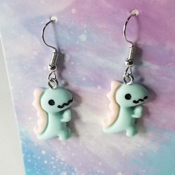 New Little Dinosaur Dangle Earrings- Blue - Picture 3 of 3